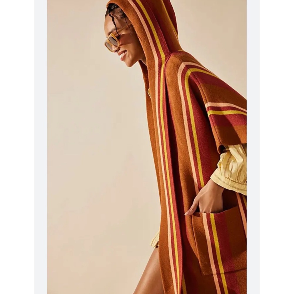 Free People All I Need Striped Poncho Bohemian Hoodie Brown Beachy Oversized XL